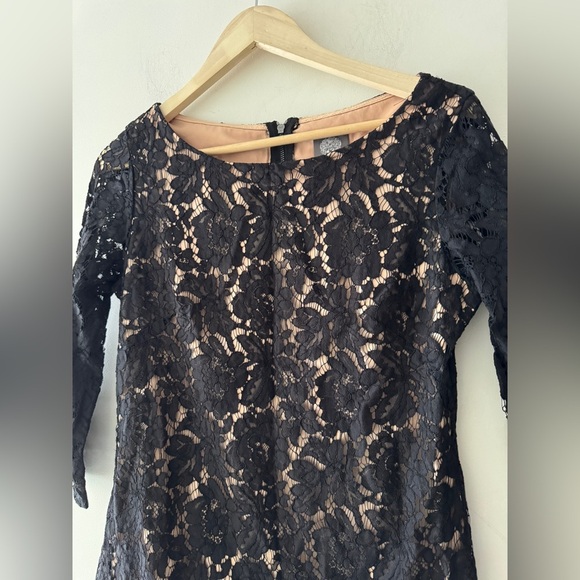 Vince Camuto Black Lace Floral Dress Nude Underlay  3/4 Sleeve Size 10 - Picture 2 of 4